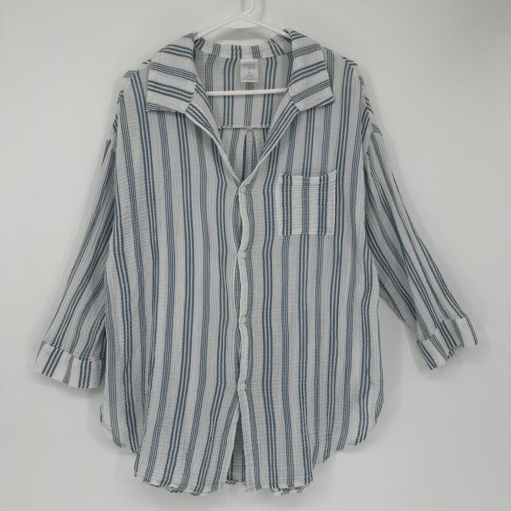 Kona Sol Shirt Womens Medium White Blue Stripe Button Up Tunic Top Relaxed